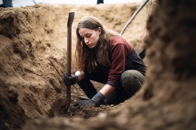 Aufnahme einer jungen Frau, die während einer Ausgrabung ein Grabwerkzeug benutzt