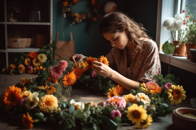 Aufnahme einer jungen Frau, die zu Hause einen Kranz aus Blumen anfertigt, der mit generativer KI erstellt wurde