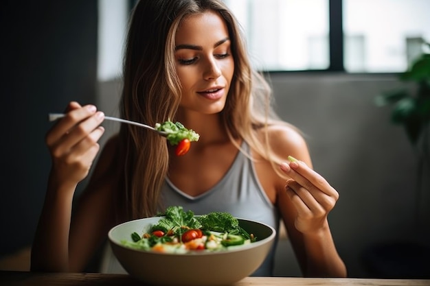 Aufnahme einer jungen Frau, die zu Hause einen mit generativer KI erstellten Salat isst