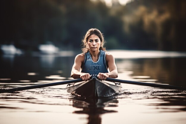 Foto aufnahme einer jungen frau in voller ruderausrüstung auf dem wasser, erstellt mit generativer ki