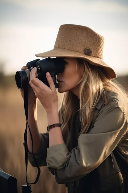 Aufnahme einer jungen Frau mit einem Fernglas auf einer Safari, die mit generativer KI erstellt wurde