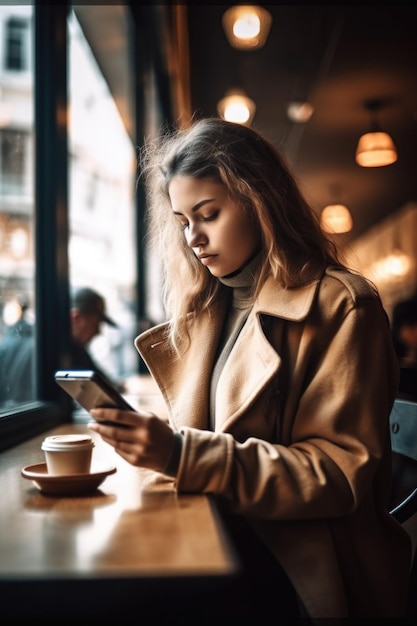 Aufnahme einer jungen Frau mit ihrem Smartphone in einem Kaffeehaus, das mit generativer KI erstellt wurde