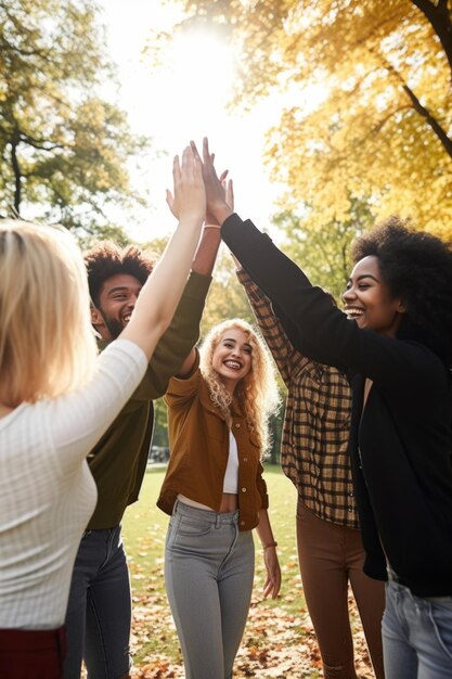 Aufnahme einer jungen Gruppe von Freunden, die in einem Park, der mit generativer KI erstellt wurde, zusammen Highfiving machen