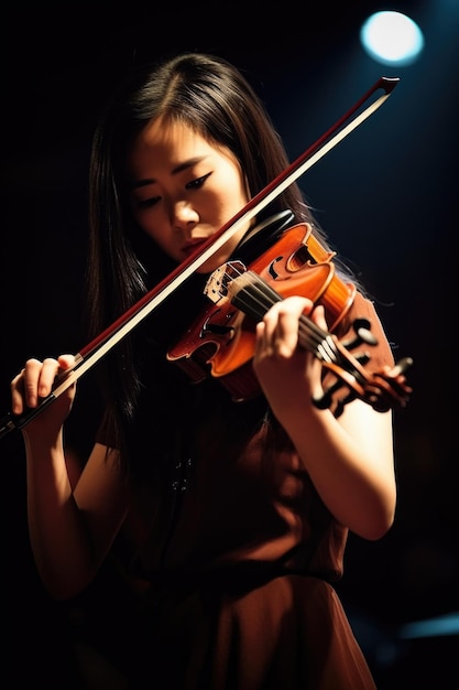 Aufnahme einer Künstlerin, die bei einem Orchesterkonzert Geige spielt