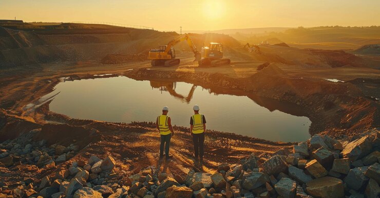 Foto aufnahme einer luftaufnahme einer baustelle mit bagger an einem sonnigen tag verschiedene immobilienentwickler diskutieren ihr projekt bauingenieur architekt inspektor diskutieren und verwenden tablet