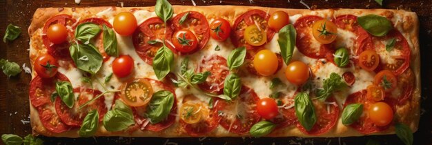 Aufnahme einer Margherita-Pizza, lebendige Farben, Texturen und Zutaten, frischer Basilikum-Mozzarell