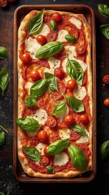 Aufnahme einer Margherita-Pizza, lebendige Farben, Texturen und Zutaten, frischer Basilikum-Mozzarell