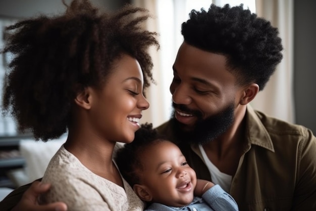 Aufnahme einer Mutter und eines Vaters, die zu Hause eine Bindung zu ihrer neuen Tochter aufbauen, erstellt mit generativer KI