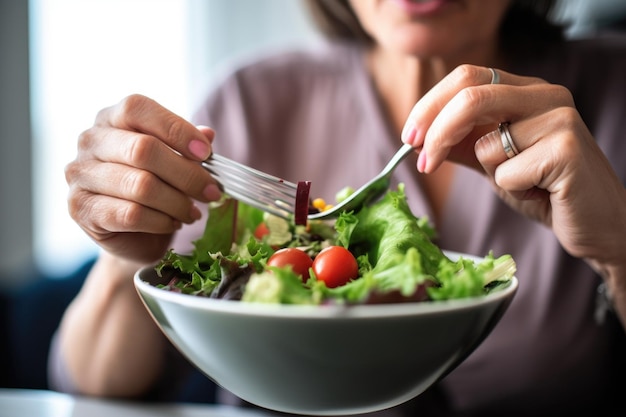 Aufnahme einer nicht wiederzuerkennenden Frau, die einen mit generativer KI erstellten Salat isst