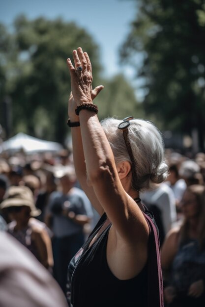 Aufnahme einer Person, die während einer Veranstaltung ihre Hand zum Protest erhoben hat