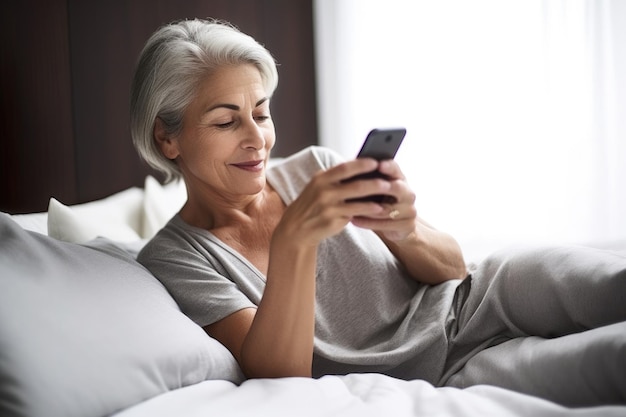Aufnahme einer reifen Frau, die im Bett liegt und ihr Smartphone benutzt