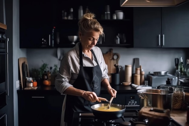 Aufnahme einer reifen Frau, die in der Küche Pasta kocht, erstellt mit generativer KI