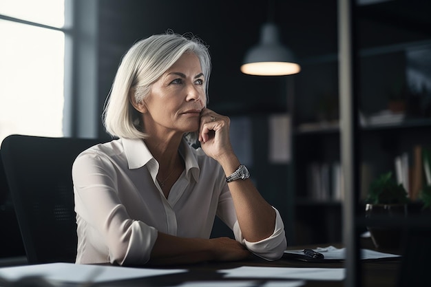 Aufnahme einer reifen Frau, die in einem mit generativer KI erstellten Büro arbeitet