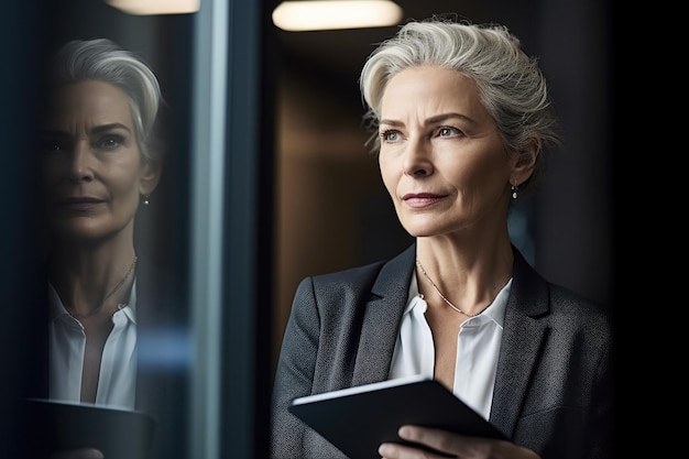 Aufnahme einer reifen Geschäftsfrau mit einem digitalen Tablet in einem Büro