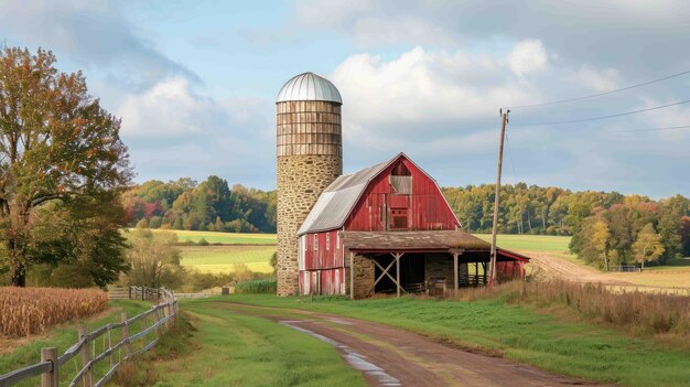 Foto aufnahme einer scheune mit einem gut gepflegten silo in der nähe