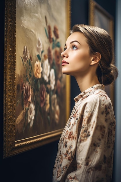 Aufnahme einer schönen jungen Frau, die ein Gemälde in einer Kunstgalerie bewundert