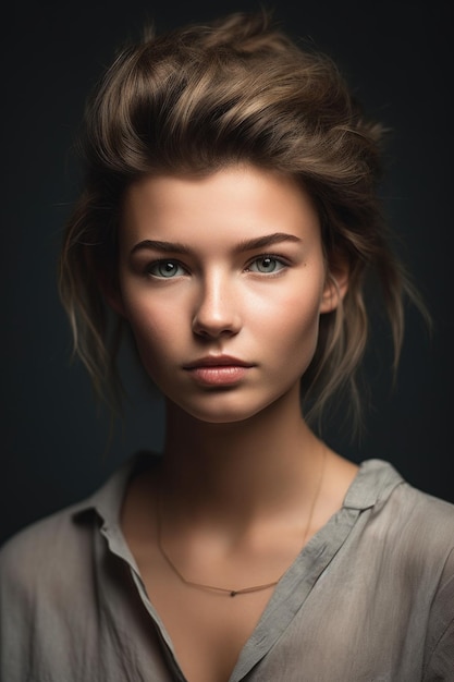 Aufnahme einer schönen jungen Frau, die vor einem grauen Hintergrund steht, der mit generativer KI erstellt wurde
