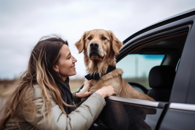 Aufnahme einer Tierbesitzerin, die ihren Hund in das mit generativer KI erstellte Auto setzt