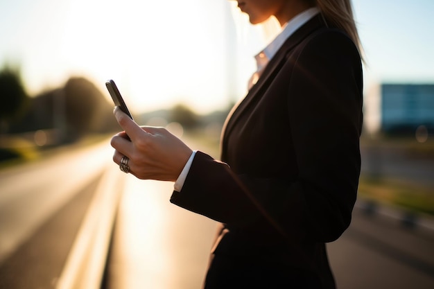 Aufnahme einer unerkennbaren Geschäftsfrau, die am Straßenrand ein Telefon benutzt