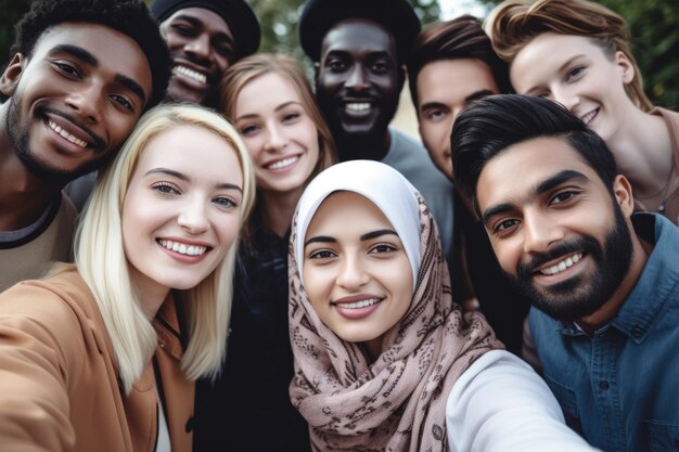 Foto aufnahme einer vielfältigen gruppe von menschen, die gemeinsam selfies machen