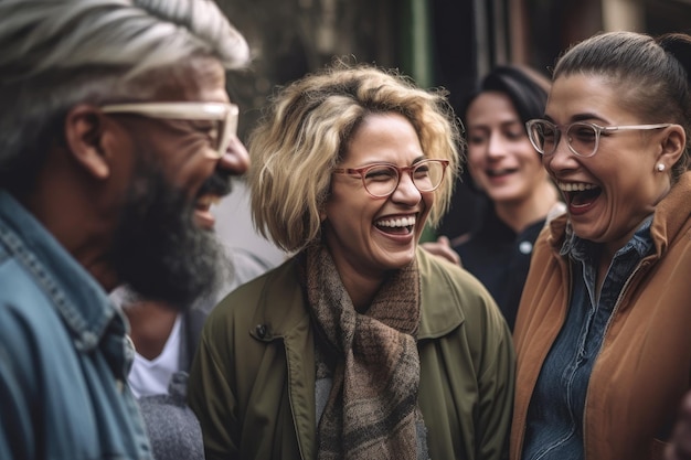 Foto aufnahme einer vielfältigen gruppe von menschen, die miteinander reden und lachen, erstellt mit generativer ki