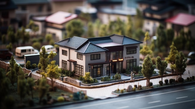 Aufnahme einer zeitgenössischen Miniatur-Nachbarschaft mit Tiltshift-Fokus und kinoreifer Beleuchtung