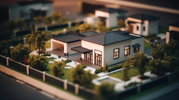 Aufnahme einer zeitgenössischen Miniatur-Nachbarschaft mit Tiltshift-Fokus und kinoreifer Beleuchtung