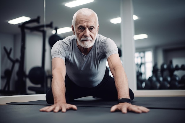 Aufnahme eines älteren Mannes bei Physiotherapieübungen auf dem Boden, erstellt mit generativer KI