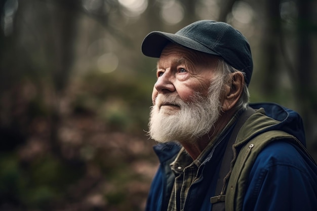 Aufnahme eines älteren Mannes, der draußen im Wald steht, erstellt mit generativer AI