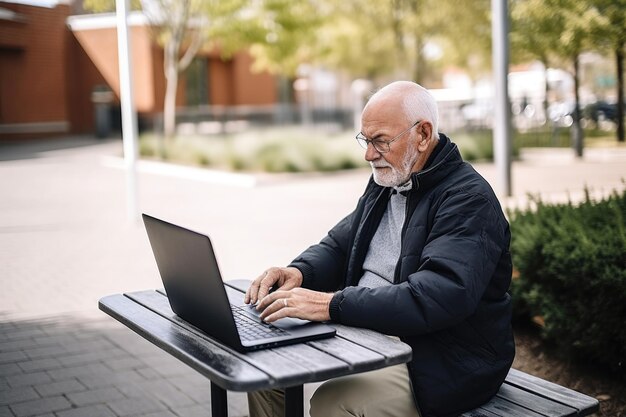 Aufnahme eines älteren Mannes, der draußen sitzt und an seinem Laptop arbeitet, erstellt mit generativer KI