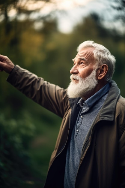 Aufnahme eines älteren Mannes, der draußen steht und auf etwas in der Natur zeigt, das mit generativer KI geschaffen wurde