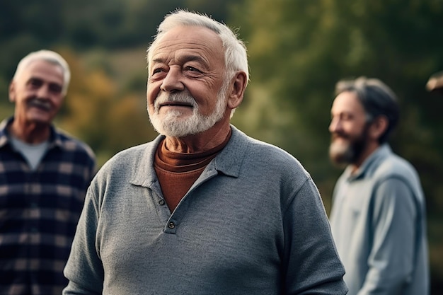 Aufnahme eines älteren Mannes, der mit seinen Freunden draußen steht, erstellt mit generativer KI