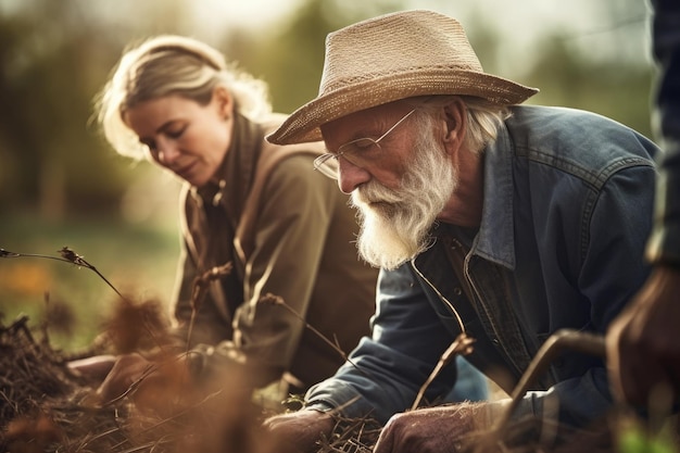 Aufnahme eines älteren Mannes und einer älteren Frau, die auf einem Bauernhof arbeiten, der mit generativer KI erstellt wurde
