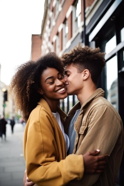 Aufnahme eines attraktiven jungen Paares, das bei einem Date durch die Stadt zärtlich ist