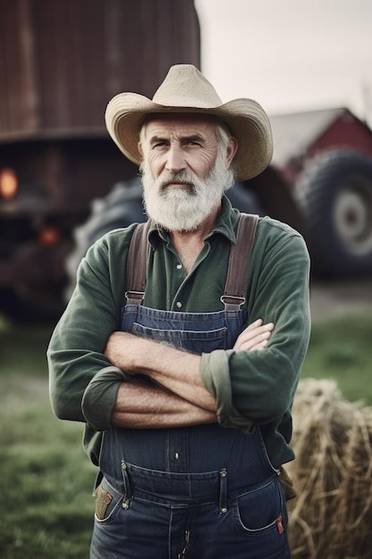 Aufnahme eines Bauern, der mit gekreuzten Armen auf einer mit generativer AI erstellten Farm steht