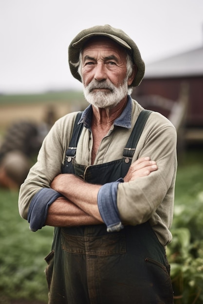 Aufnahme eines Bauern, der mit gekreuzten Armen auf einer mit generativer AI erstellten Farm steht