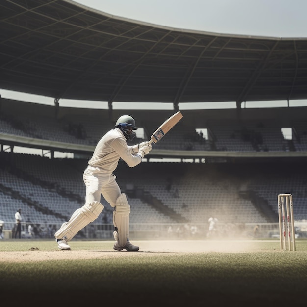 Aufnahme eines Cricket-Schlagmanns, der während eines Cricket-Spiels den Ball schlägt. Generative KI