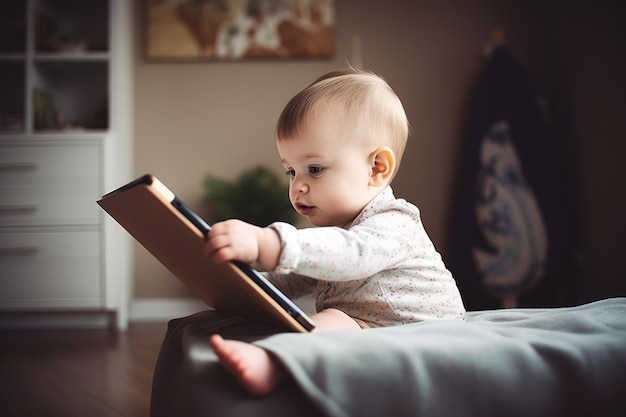 Aufnahme eines entzückenden kleinen Jungen, der zu Hause sein Tablet benutzt