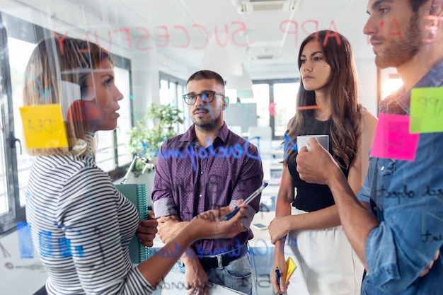 Aufnahme eines erfolgreichen Geschäftsteams, das gemeinsam vor einer Büroglastafel im Coworking Space diskutiert.