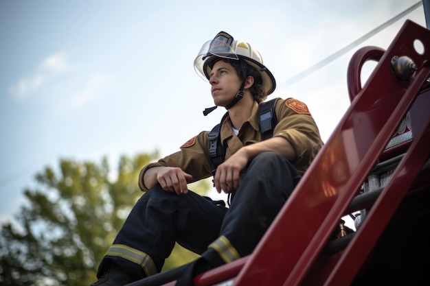Aufnahme eines Feuerwehrmanns, der auf der Ladefläche eines Feuerwehrautos sitzt, erstellt mit generativer KI