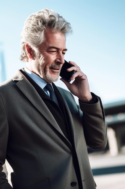 Aufnahme eines Geschäftsmannes, der sein Telefon benutzt, um einen mit generativer KI erstellten Anruf zu tätigen