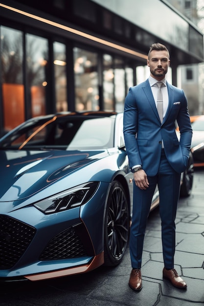 Aufnahme eines Geschäftsmannes, der vor seinem mit generativer KI erstellten Luxussportwagen steht