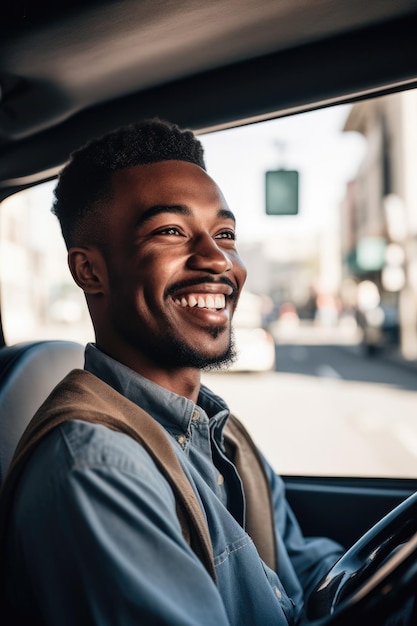 Aufnahme eines glücklichen jungen männlichen Busfahrers, der durch die Stadt fährt, erstellt mit generativer KI