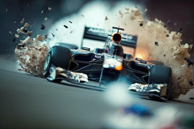 Aufnahme eines großen Wracks eines Hochgeschwindigkeits-F1-Rennwagens durch Tiltshift-Kamerawinkel