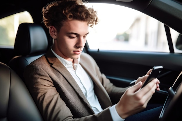 Aufnahme eines gutaussehenden jungen Mannes, der sein Telefon auf dem Rücksitz seines Autos benutzt, erstellt mit generativer KI