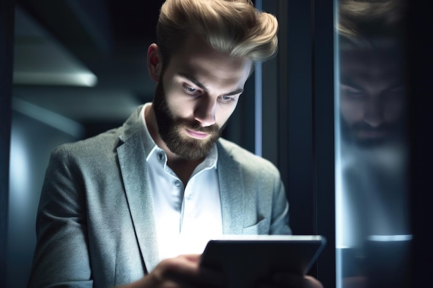 Aufnahme eines hübschen jungen Mannes, der sein Tablet im Büro benutzt, erstellt mit generativer KI