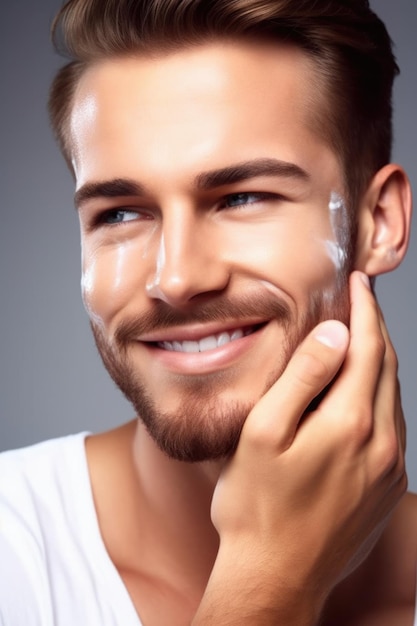 Aufnahme eines hübschen jungen Mannes, der sich Feuchtigkeitscreme aufs Gesicht legt
