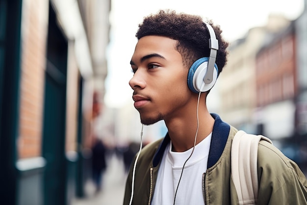 Aufnahme eines jungen College-Studenten, der Musik auf seinen Kopfhörern hört, erstellt mit generativer KI