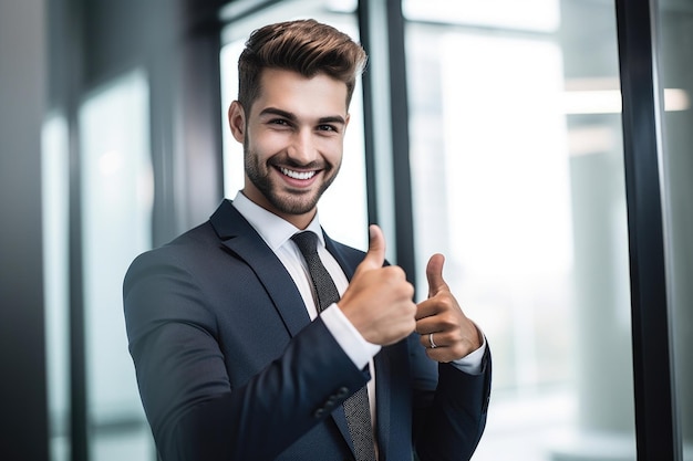 Aufnahme eines jungen Geschäftsmannes, der in einem mit generativer KI erstellten Büro den Daumen nach oben zeigt