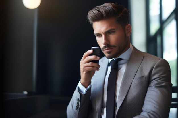 Aufnahme eines jungen Geschäftsmannes, der sein Mobiltelefon im Büro nutzt, erstellt mit generativer KI
